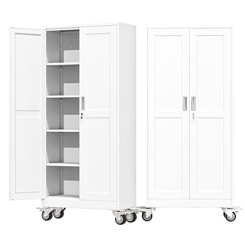 71" Metal Garage Storage Cabinet with Wheels and Locking Doors and Tall Rolling Steel Tool Cabinet with 4 Adjustable Shelves for Garage,Home,Office,Shop (White, 71''H x 30''W x15''D) - color: White, size: 71"H x 30"W x 15"D