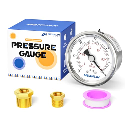 MEANLIN MEASURE -30inHG~0Psi Vacuum Gauge Stainless Steel 1/4" NPT 2" FACE DIAL Waterproof for Air Compressor HVAC Negative Pressure Hand Pump Pool Back Mount with 1/2" NPT and 3/8" NPT Hex Bushing - size: -15-0Psi