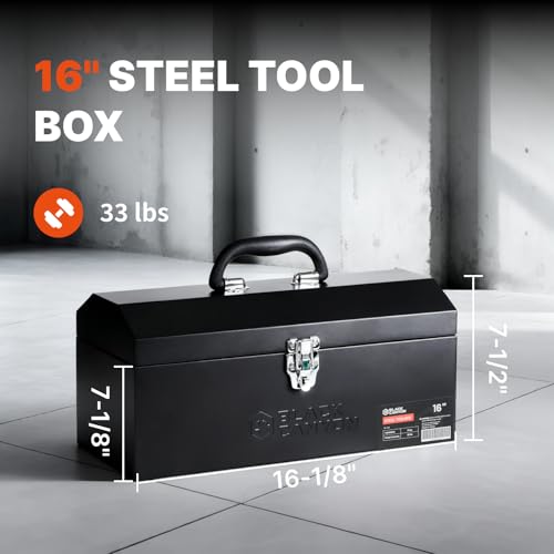 Black Canyon 16 Inch Tool Box, Metal Tool Box, 0.8mm Carbon Steel, Portable&Padlockable, 4 Non-Slip Foot Pads, Ideal for Trailer, Mechanic, DIY-ers, Car Toolbox, Workshops, Garages, Repair Shops - size: 16 IN/STL