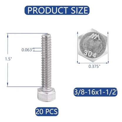 3/8-16 x1-1/2 Hex Head Screw Bolt(20 PCS), Lock Nuts,Flat & Lock Washers Kits, 304 Stainless Steel 18-8,Fully Threaded. - size: 3/8-16 x 1-1/2"
