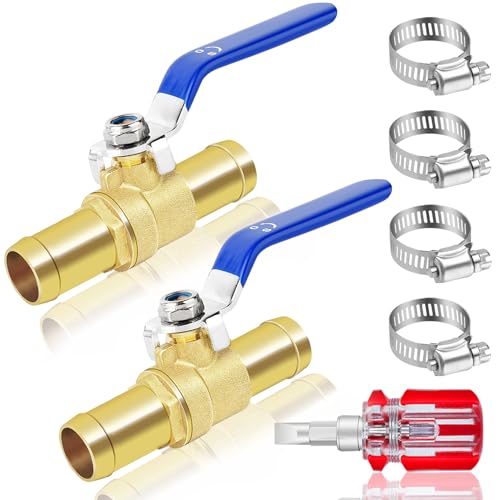 5/8'' Heater Hose Shut Off Ball Valves, 2Pcs Brass Barb Shut Off Ball Valves, 5/8'' PEX Shut Off Valves for Heater Hose, with 4Pcs Stainless Steel Clamps, Use for Water, Oil, Gas, Fuel line Fittings - size: 5/8 Inch
