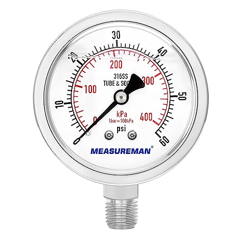 MEASUREMAN Fully Stainless Steel Hydraulic Glycerin Filled Pressure Gauge, 2-1/2" Dial Size, 1/4" NPT Lower Mount, 0-60psi/kpa - size: 0-60 psi, style: Lower Mount(100% Stainless Steel)