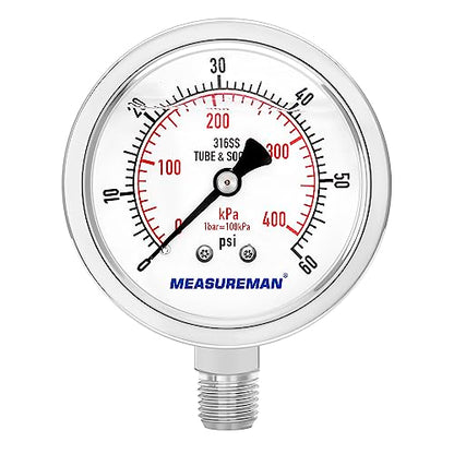 MEASUREMAN Fully Stainless Steel Hydraulic Glycerin Filled Pressure Gauge, 2-1/2" Dial Size, 1/4" NPT Lower Mount, 0-60psi/kpa - size: 0-60 psi, style: Lower Mount(100% Stainless Steel)