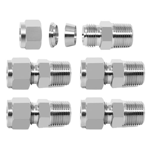ChillWaves 304 Stainless Steel Compression Tube Fitting, 1/4" OD x 1/4" NPT Male Compression Union Connector(5-PACK) - size: 1/4" OD x 1/4" MNPT