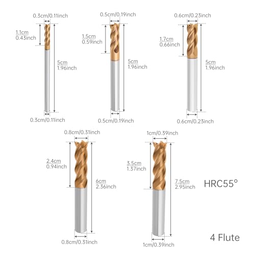 5 Pcs Tungsten Carbide End Mills Set - 1/8" 3/16" 1/4" 5/16" 3/8", 4 Flutes CNC Milling Cutters for Hardened Steel, Alloy Steel, Cast Iron (AlTiN TiSiN Coated) - size: 3-5-6-8-10mm, style: 5Pcs