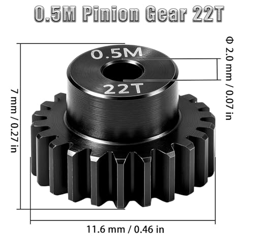 Hardened Steel 0.5M Pinion Gear 22T 2mm Shaft for RC Car/Helicopter Upgrade, Compatible with ARRMA 1/14 Typhoon 1/16 Mojave 1/18 Granite, Losi 1/12, 0.5Mod 13T-27T Gear for Brushed Brush-Less Motors - size: 22T