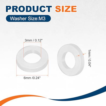 PATIKIL 125 Pcs Nylon Flat Washer M3 3mm ID 6mm OD 1mm THK White - color: White, size: 3mm x 6mm x 1mm