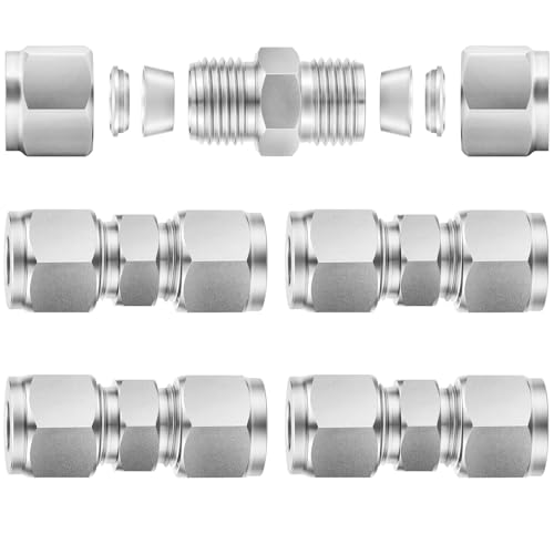 ChillWaves 304 Stainless Steel Compression Tube Fitting, 1/4" OD x 1/4" OD Compression Union Connector(5-PACK) - size: 1/4" OD x 1/4" OD