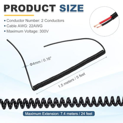 MECCANIXITY 5ft 22AWG Retractable Coiled Coil Cord 300V 105℃ 2 Conductor - size: 5ft x 22AWG, 2 Conductor