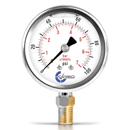 Carbo 100 PSI Liquid Filled Pressure Gauge with NIST Traceable Certificate, Calibrated in USA Lab, 2.5" Dial, 1/4 NPT Lower Mount, ASME Grade A, 304 SS Case, Brass Wetted Parts, PSI/Bar - size: 0-100 Psi, style: NIST TRACEABLE