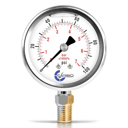Carbo 100 PSI Liquid Filled Pressure Gauge with NIST Traceable Certificate, Calibrated in USA Lab, 2.5" Dial, 1/4 NPT Lower Mount, ASME Grade A, 304 SS Case, Brass Wetted Parts, PSI/Bar - size: 0-100 Psi, style: NIST TRACEABLE