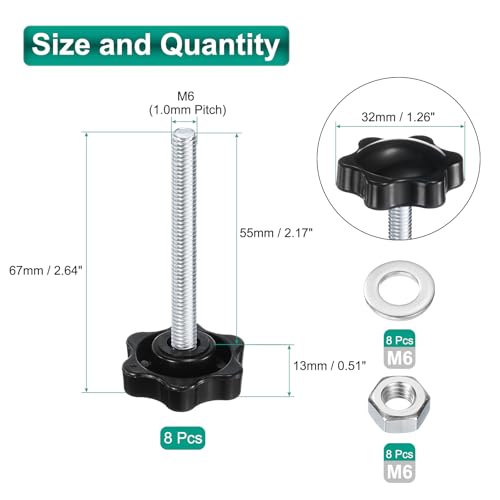 uxcell 8pcs Star Clamping Knobs with Nuts Washers, M6 x 55mm Metric Zinc Plated Carbon Steel Male Thread 32mm 6-Star Plastic Head, Threaded Stud Hand Knobs Handles Thumb Screws, Black - size: M6 x 55mm