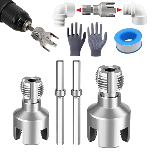 Pipe Threading Tool Kit with Internal & External Threader, 1/2"+ 3/4" Pipe Sizes Rethreading Tool,Pipe Thread Cutting Tool, Electric Drill Compatible PVC Pipe Threader Kit, Pipe Sizes Rethreading Tool - color: Silvery