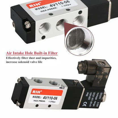 RIH Pneumatics Solenoid Valve 4V110-06 12V/24V/110V Series Single Coil Pilot-Operated Electric 2 Position 5 Way Connection Type (DC24V/Junction Box, 1/8"NPT) - size: DC24V/Junction Box, style: 1/8"NPT