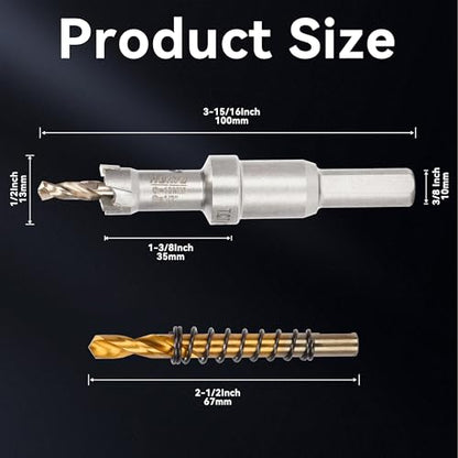 Hole Saw 1/2" (13mm) Heavy Duty Carbide with 2 Pilot Drill Bits - Metal Hole Cutter Cuts Stainless Steel, Iron, Copper, Brass, Plastic - size: 13mm|1/2"