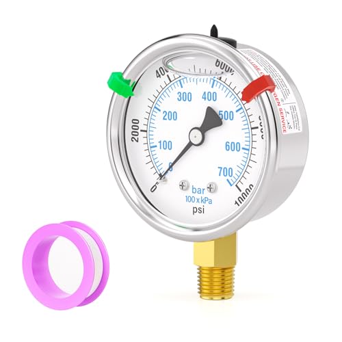 0-10000PSI Stainless Steel Liquid Filled Pressure Gauge, 2.5" Dial Size, 1/4" NPT Lower Mount, for Tube, Water Pump, Gas, Liquid, Pressure Test (with Range Mark Pointer) - size: 0-10000Psi