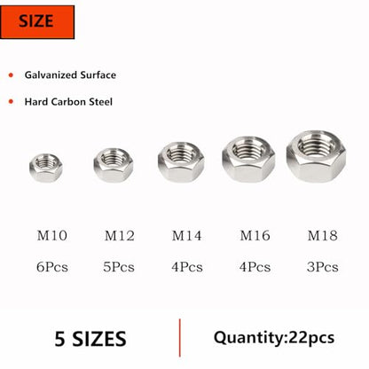 5 Sizes 22pcs Hex Nuts Assortment Kit,M10 M12 M14 M16 M18 Galvanized Metric Assorted Hardware Nuts Sets - size: M10-M18(22pcs)