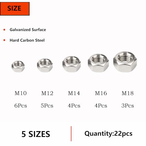 5 Sizes 22pcs Hex Nuts Assortment Kit,M10 M12 M14 M16 M18 Galvanized Metric Assorted Hardware Nuts Sets - size: M10-M18(22pcs)