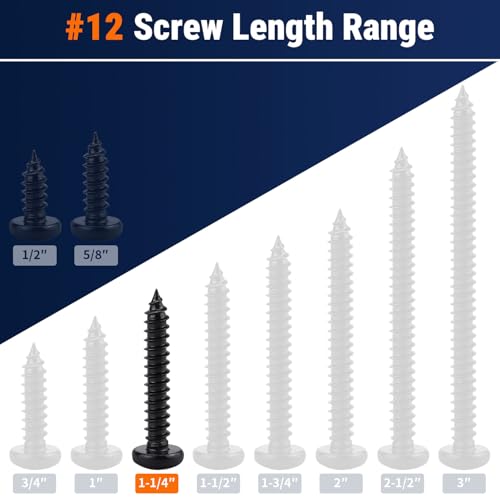 #12 x 1-1/4" (50 Pack) Stainless Steel Pan Head Self Tapping Screws, 304 SS (18-8) Black Coated, Phillips Drive Round Head Corrosion Resistant Screws for Wood & Sheet Metal - size: #12 x 1-1/4"