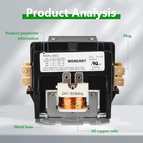 Wengart Air Conditioner Contactor,24V Coil 2 Pole 30 Amp Compatible with Condenser,Compressor,Air Conditioner,Refrigeration Systems,Heat Pump