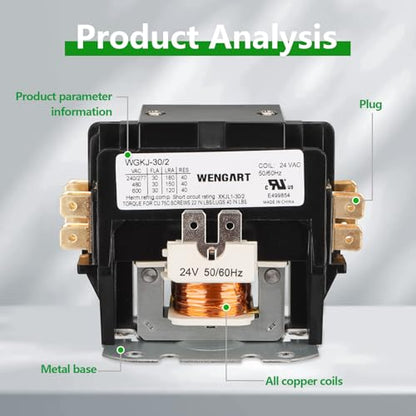 Wengart Air Conditioner Contactor,24V Coil 2 Pole 30 Amp Compatible with Condenser,Compressor,Air Conditioner,Refrigeration Systems,Heat Pump