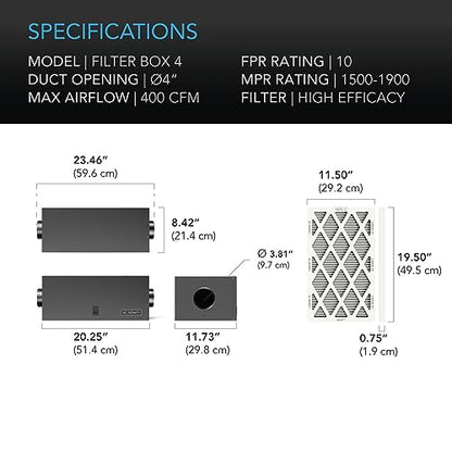 AC Infinity Inline Filter Box 4" with High Efficacy Filter - size: 4" Duct Opening
