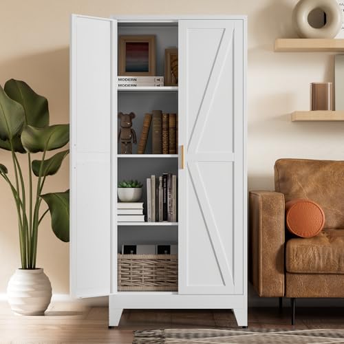 COFaR White Farmhouse Storage Kitchen Pantry Cabinet with 2 Barn Door, 3 Adjustable Shelves and Legs, for Cupboard/Dining Room/Bathroom/Living Room/Office/Laundry Room (White, 61" Farmhouse) - color: White, size: 61"H
