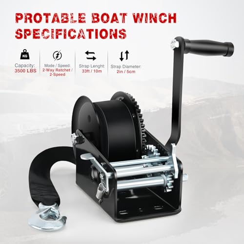 Nilight Boat Trailer Winch 3500 Lbs Hand Crank Winch Heavy Duty Boat Winches with 33Ft Strap Rope Hook Two Way Ratchet 4:1 8:1 Gear Portable Marine Manual Winch for Trailers Boat RV ATV Jet Ski Towing - color: Black, size: 3500 lbs