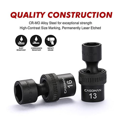 CASOMAN 10 PCS 3/8" Drive Standard Universal Impact Socket Set, 6 Point, CR-MO, Metric,10-19mm - size: 10 PCS 3/8" Dr.(Shallow)