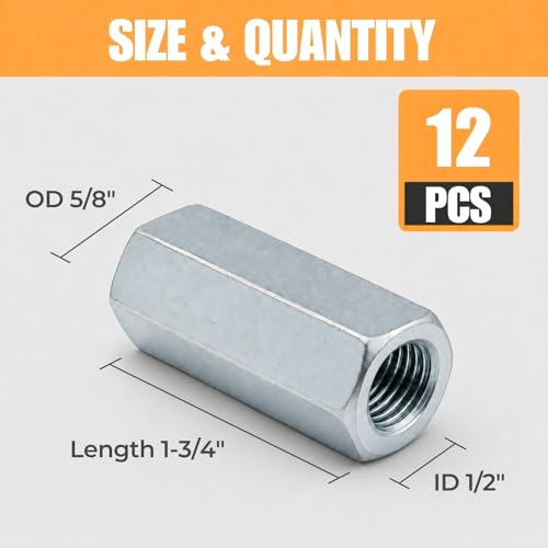 1/2-13 Hex Coupling Nut, Pack of 12 Zinc-Plated Carbon Steel Rod Coupler Extension Joiner - color: Silver, size: 1/2-13 x 1-3/4"