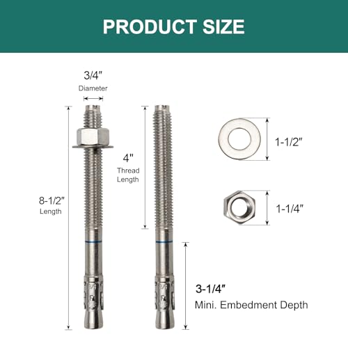 3/4" x 8-1/2" Concrete Anchors (10 Pack) 3/4 inch Wedge Anchors Bolts Stainless Steel - size: 3/4"x8-1/2"