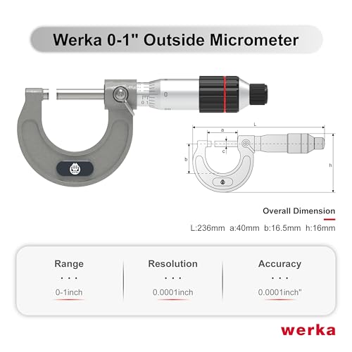 Werka Professional Outside Micrometer, 0-1 Inch Range with 0.0001 Inch Graduations, Precision Measurement Tool with Ratchet Stop, Storage Case Included