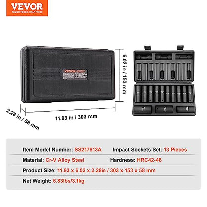 VEVOR 1/2" Drive Impact Socket Set, 13 Piece Deep Socket Set Metric 10-24mm, 6 Point CR-V Alloy Steel for Auto Repair, Easy-to-Read Size Markings, Rugged Construction, Includes Storage Case - size: 1/2" 13PCS
