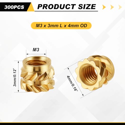 Yaocom 300 Pcs M6 Threaded Inserts M3 x D4 x L3 Heat Set Inserts - size: M3 X D4 X L3