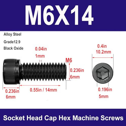 M6-1.0 x14mm Socket Head Cap Screws Bolts, Grade 12.9 Alloy Steel Black Oxide, M6 14mm Allen Socket Drive, Machine Thread with Hex Spanner,20 PCS (M6X14) - size: M6X14mm