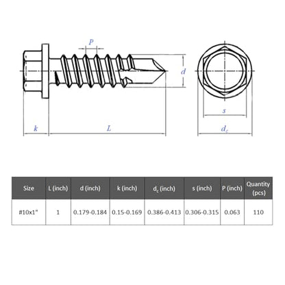 VGBUY 110Pcs #10 x 1 Self Drilling Screws for Metal,410 Stainless Steel Black Zinc Plated,Self Tapping Sheet Metal Screws,Hex Washer Head - color: Black Hex Washer Head, size: #10 x 1 inch
