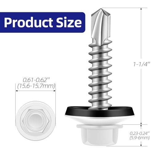 #14 x 1-1/4" Zinc Plated Steel Self Drilling Roofing Screws, Hex Head Self Tapping Screws with EPDM Washer, White Head, 50 PCS - color: White, size: #14 x 1-1/4"
