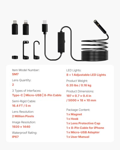 VEVOR Endoscope Camera with Light, Dual Lens Borescope for Android & iOS, 1920P HD Inspection Camera with 8 + 1 LED Light, 2X Zoom, 16.4FT Snake Cable, IP67 Waterproof Snake Camera for Auto, Plumbing - size: 16.4FT