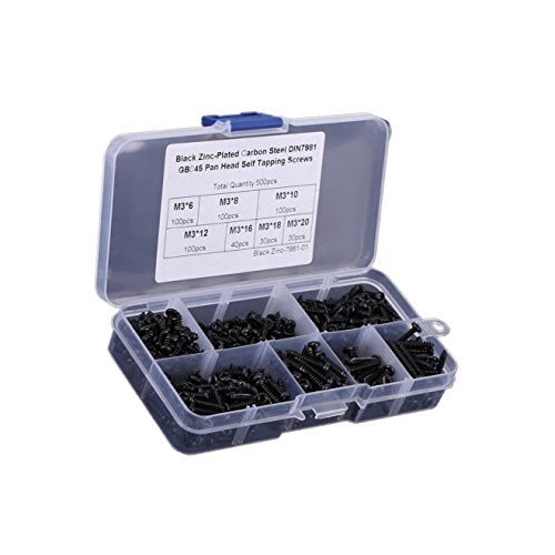 500pcs M3/3MM Diameter Phillips Pan Head Screws Self Tapping Drilling Screws Assortment Kit Carbon Steel 6mm 8mm 10mm 12mm 16mm 18mm 20mm Length