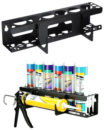 Caulking Gun and Caulk Tube Holder Wall Mounted Grease Gun Holder Metal Glue Gun Storage Rack Holds 1 Caulk Gun, 6 Caulking Tube and 6 Caulking Nozzle for Workshop Garage and Work Van Organizer, Black