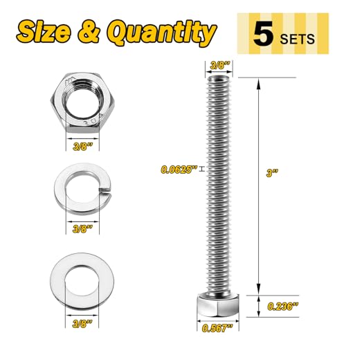 Mywish (5 Sets) 3/8-16x3 Hex Head Nuts and Bolts with Flat & Lock Washers, 304 Stainless Steel Bolts and Nuts Kit 18-8, Fully Threaded, 3/8 Bolt, 3/8 - size: 3/8-16 x 3 (5 set)