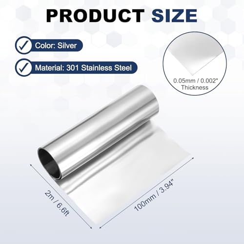 MECCANIXITY 301 Stainless Steel Foil Roll 0.05mmx100mmx2m Silver - size: 0.05mm x 100mm x 2m