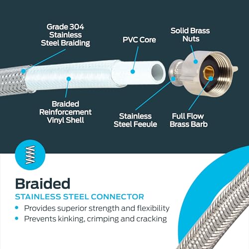 Eastman 16 Inch Steel-Flex Toilet Connector, Braided Stainless Steel Supply Line with 7/8 in Ballcock x 3/8 in Compression Ends, 48089 - size: 16 in. L x 7/8 in. B/C x 3/8 in. Comp