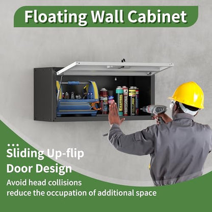 Metal Garage Wall Mounte Cabinet with 1 Up-flip Locking Door,Gray - color: Black/Gray, style: Up-flip door wall cabinet