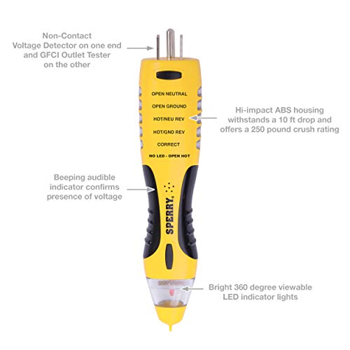 Sperry Instruments VD7504GFI DualCheck 2-in-1 Non-Contact Voltage Detector + GFCI Outlet Circuit Analyzer, 360° Visual & Audible Indicators, 50-1000V AC, 250 lb. Crush Rating