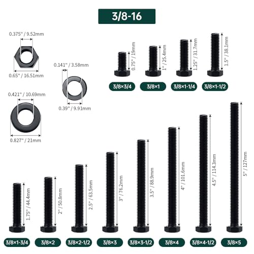 3/8-16 x 3/4" Hex Bolts with Nuts and Washers (10 Sets), 18-8 (304) Stainless Steel, External Hex Drive, Black Oxide Coated Hexagon Head Bolts Screws, Fayeploo - size: 3/8-16 x 3/4"