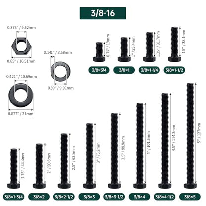 3/8-16 x 3/4" Hex Bolts with Nuts and Washers (10 Sets), 18-8 (304) Stainless Steel, External Hex Drive, Black Oxide Coated Hexagon Head Bolts Screws, Fayeploo - size: 3/8-16 x 3/4"