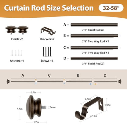 TONIAL Curtain Rods for Windows, 32 to 58 Inch, Bronze, Single Drapery Rod - color: Bronze, size: 32-58"