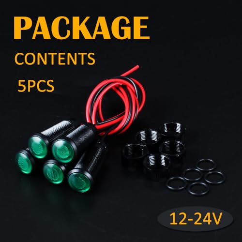 5pcs 10mm LED Indicator Light Plastic Black Signal Dot Lamp 12V-24V 2/5" Mounting Hole Size with 15cm/5.9in. Wire (Green LED) - color: Green, size: 10mm 12-24V