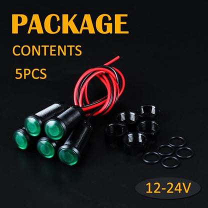 5pcs 10mm LED Indicator Light Plastic Black Signal Dot Lamp 12V-24V 2/5" Mounting Hole Size with 15cm/5.9in. Wire (Green LED) - color: Green, size: 10mm 12-24V